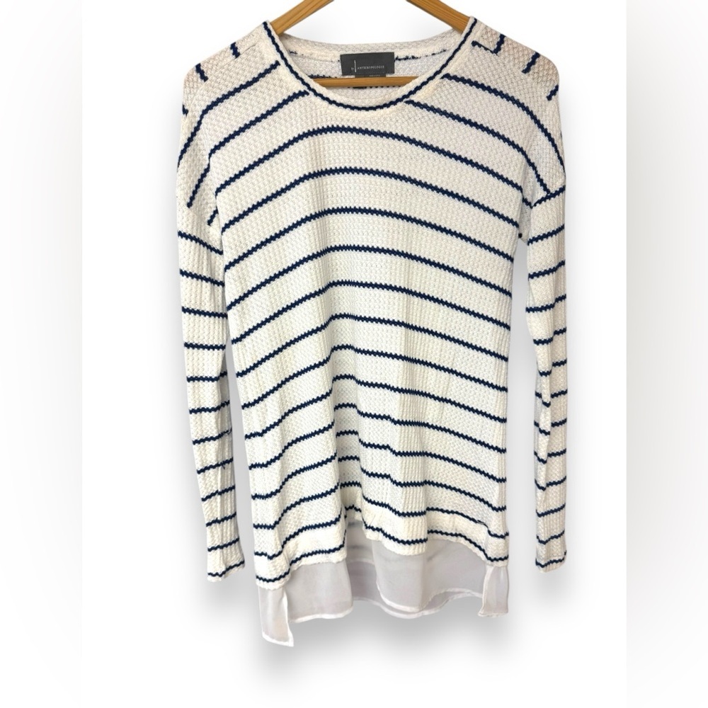 Anthropologie White, Blue Striped Oversized Sweater with chiffon underlay Sz XS‎